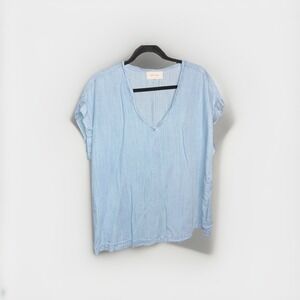 Dear John Shirt Denim Chambray Top Short Sleeve Large Blouse V Neck Light Blue